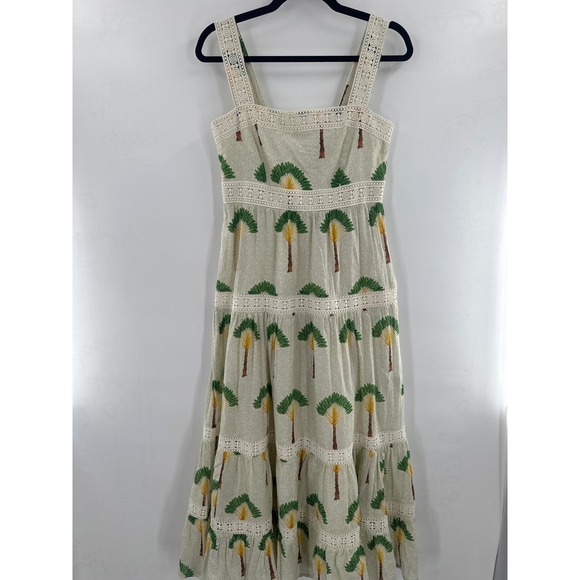 Calypso St. Barth Palm Tree Maxi Dress Tiered Lace Trim Square Neck Sleeveless - Picture 2 of 7